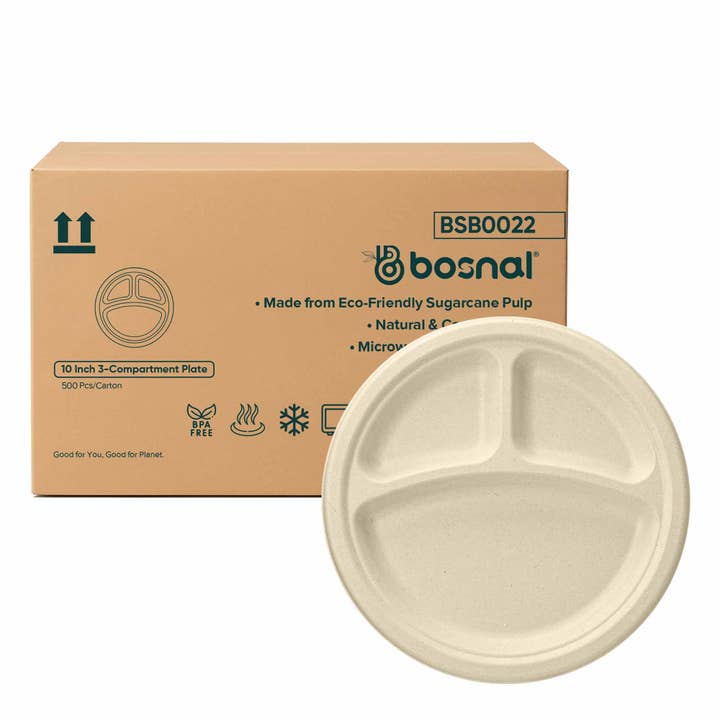 Bosnal Bagasse 3-Compartment 10 inch Plate, 20 Case (500Pcs) for wholesale by Bosnal