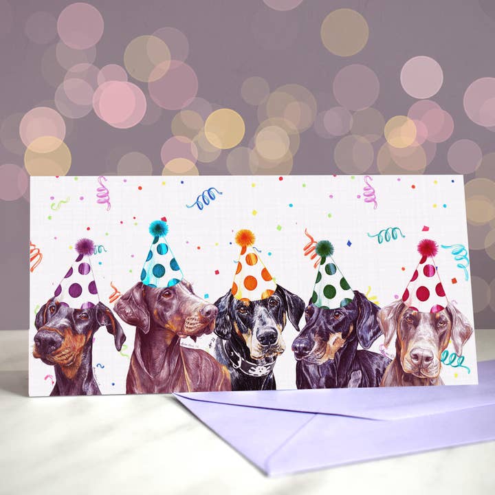 Dobe Stop Me Now Greetings Card - Dobermann Pinschers for wholesale by Amber Marie Studio