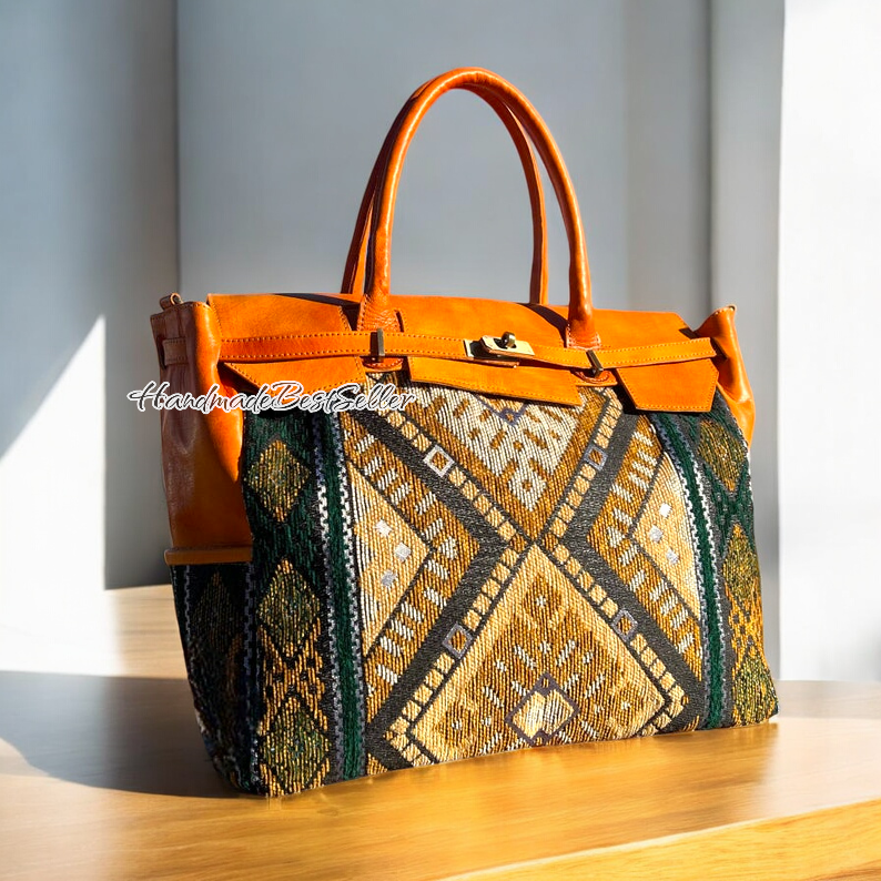 HandmadeBestSeller – wholesale Weekender bag – Unisex – Handmade Moroccan Leather & Kilim Handbag1