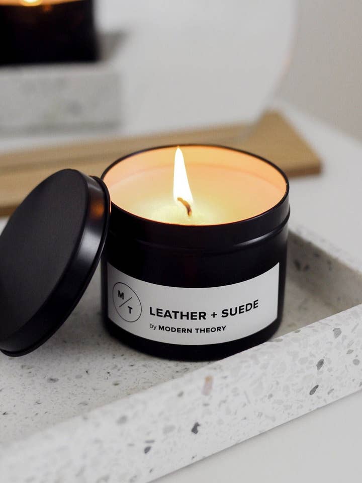 LEATHER + SUEDE Candle Tin for wholesale by Modern Theory
