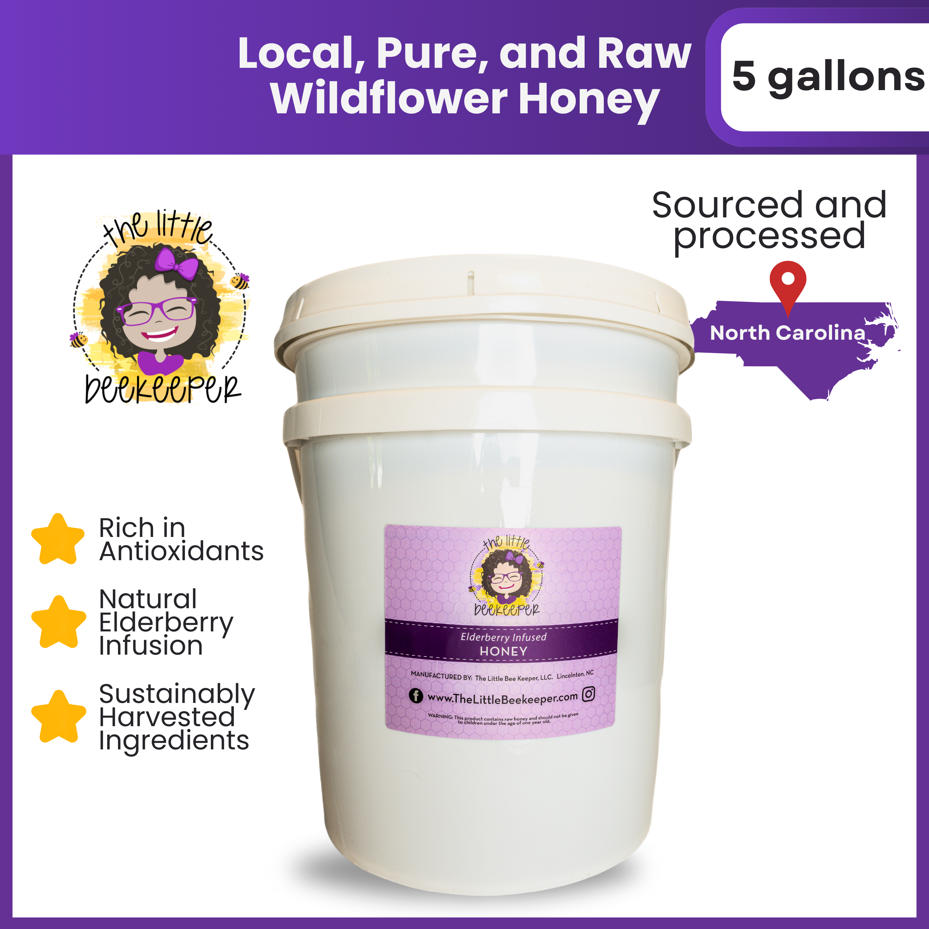 The Little BeeKeeper LLC - Wholesale Honey - 5 gallons - Elderberry Infused Honey1