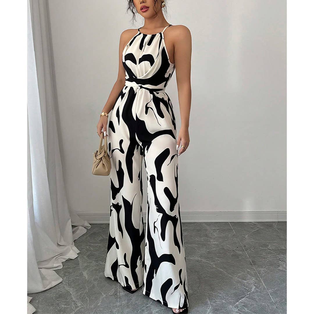 Noir Combinaison large à dos noué avec imprimé zèbre UNISHE en vente sur Faire1