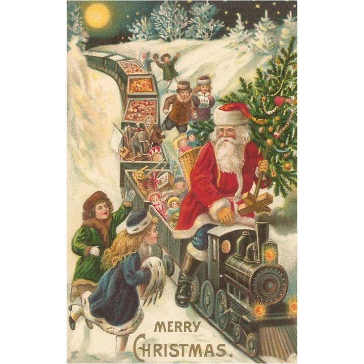 Postcard MC-202 Merry Christmas, Santa on Train for wholesale by Found Image Press