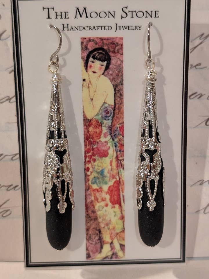 1920s Style Sea Glass Earrings ~ Jet Black for wholesale by The Marble Faun Gifts
