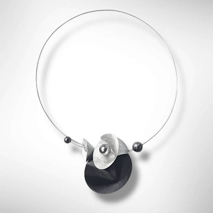VOLUME 2 Record Vinyl is the Centerpiece of this Focal Necklace from the SOUND Collection with Recycled Record Vinyl and Simulated Pearls for wholesale by Chick Boss LLC