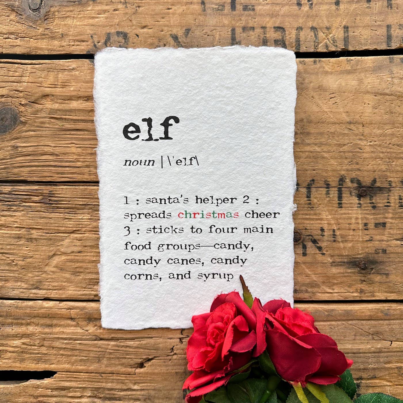 Alison Rose Vintage - Wholesale Christmas Wall Art - elf definition print in typewriter font on handmade paper0