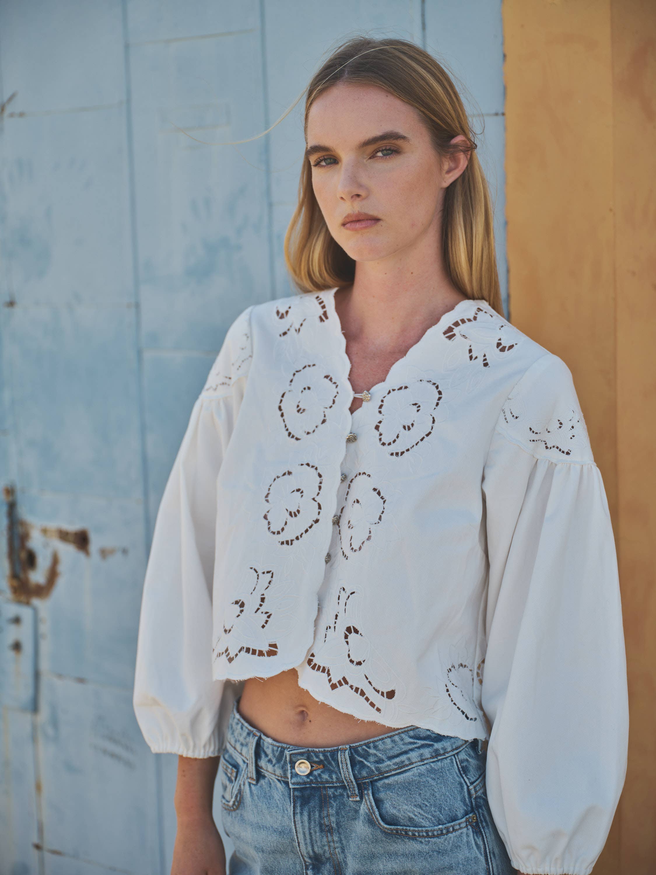 Aaron & Amber - Wholesale Blouse - Women's - MAT2892 DENIM EMBROIDERY VOLUME SLEEVE BLOUSE TOP20