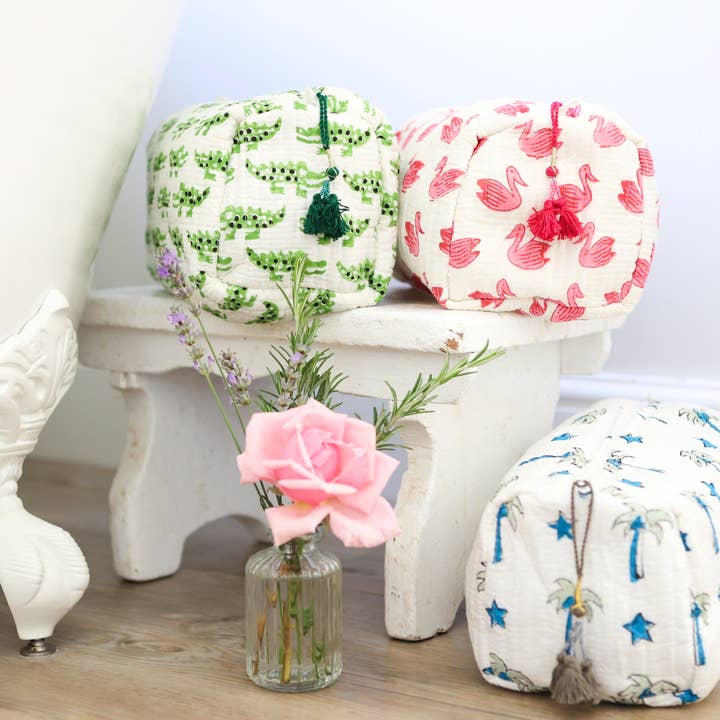 Crocodile wash bag block print cotton with waterproof lining for wholesale by Polly Fenwick