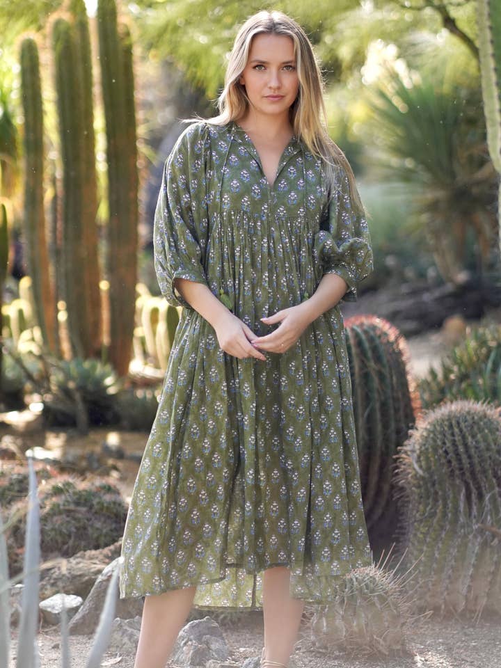 Vestido Midi Mylah Estampado en Bloque Oliva Multicolor para venta al por mayor de Dolma