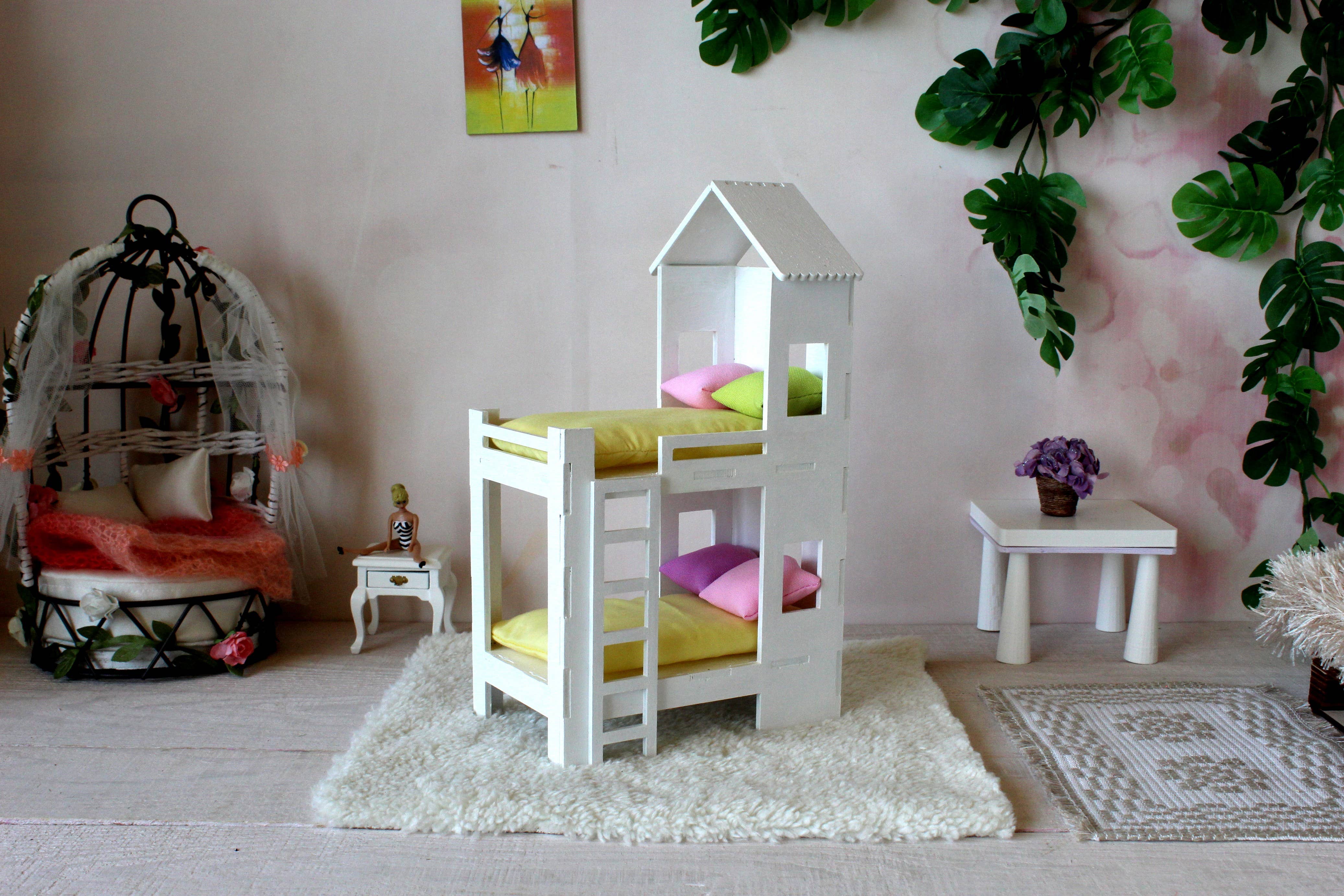 Lenasminiland – Kit de acessórios de boneca - Crianças por atacado – Beliche em miniatura, móveis de casa de bonecas em escala 1/12. Woo branco8