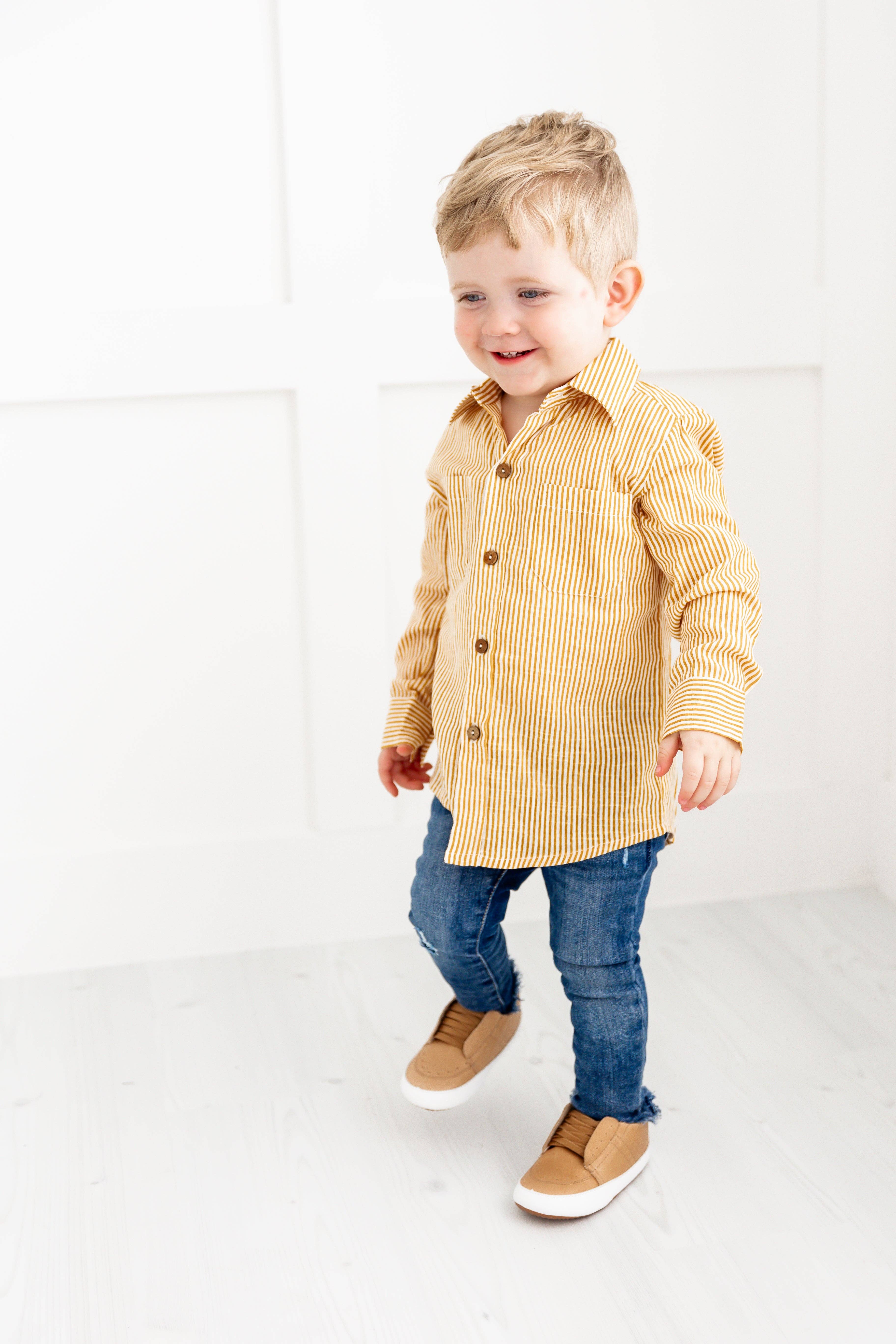 Yo Baby - Wholesale Button Down Shirt - Kids - Mustard Stripes Printed Boys Shirts9