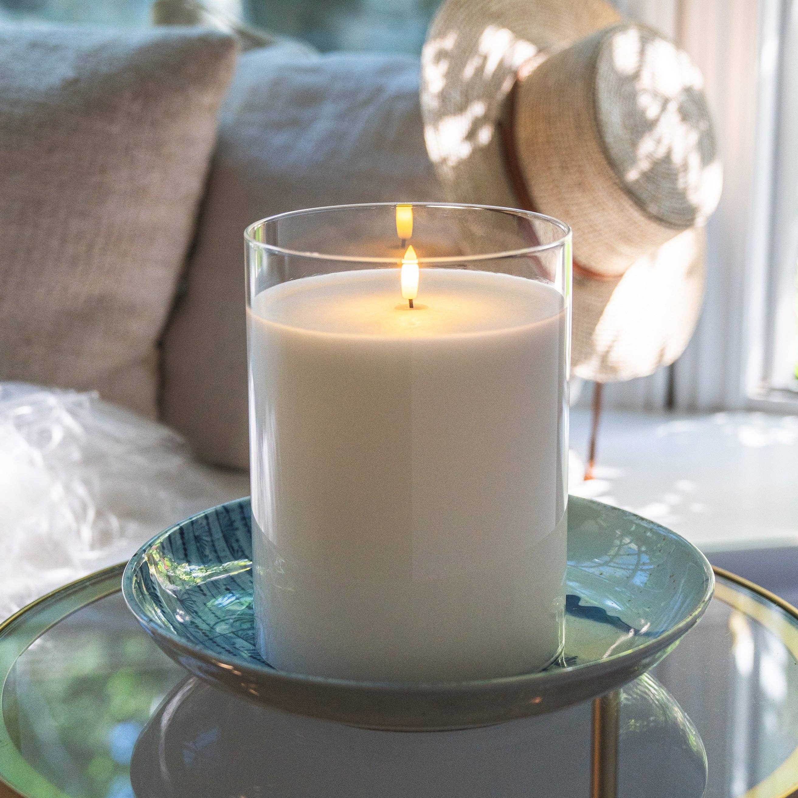 Sandstone & Sage – wholesale Flameless candle – White LED Flameless Hurricane Glass Candle with Timer and Remote - Elegant Ambient Lighting3