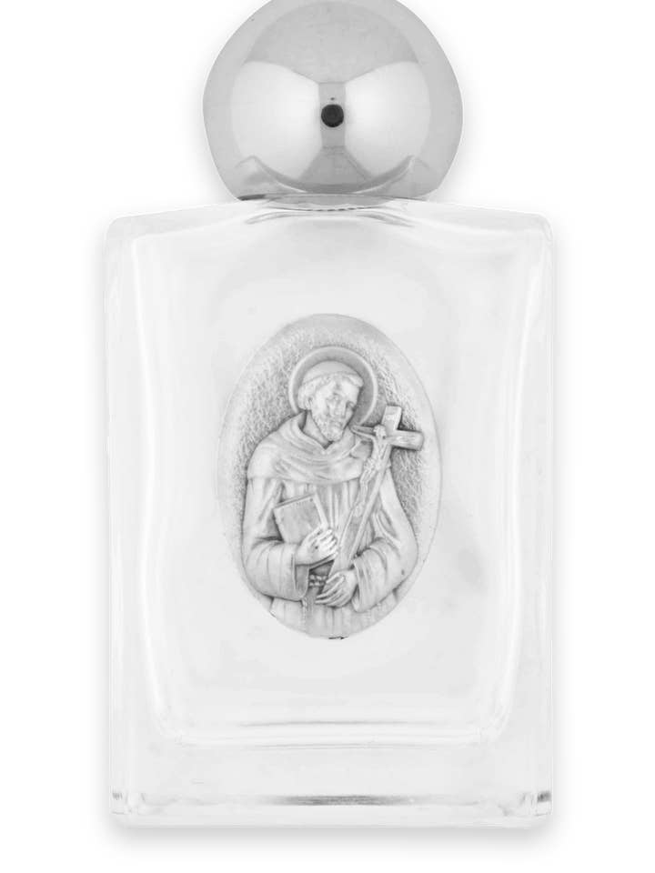 Glass Holy Water Bottle with Saint Francis Medal for wholesale by Village Gift Importers