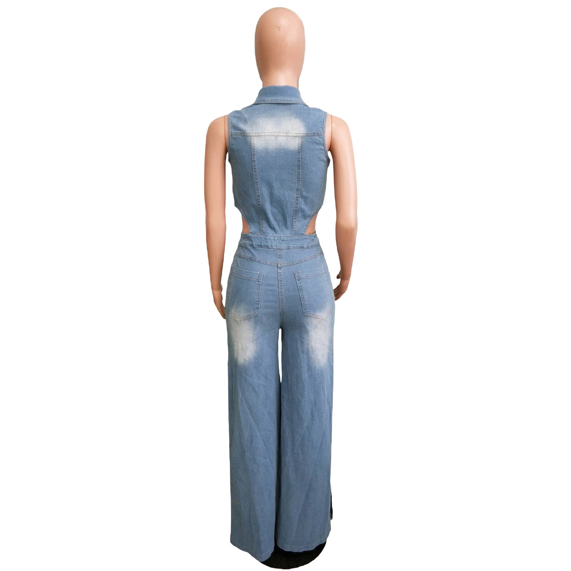 LIGHTBLUE TIGHT WAIST SLIM STRETCH WASH DENIM JUMPSUIT for wholesale on Faire4