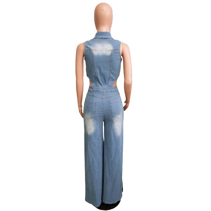 LIGHTBLUE TIGHT WAIST SLIM STRETCH WASH DENIM JUMPSUIT for wholesale on Faire4