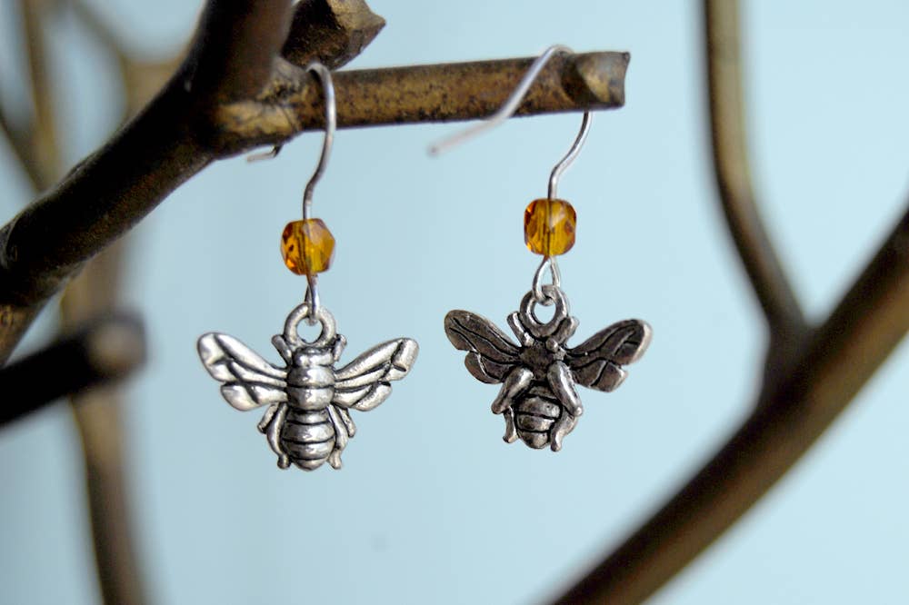 Enchanted Leaves - Wholesale Dangle Earrings - Tiny Silver Bee Earrings | Cute Honey Bumblebee Dangles4