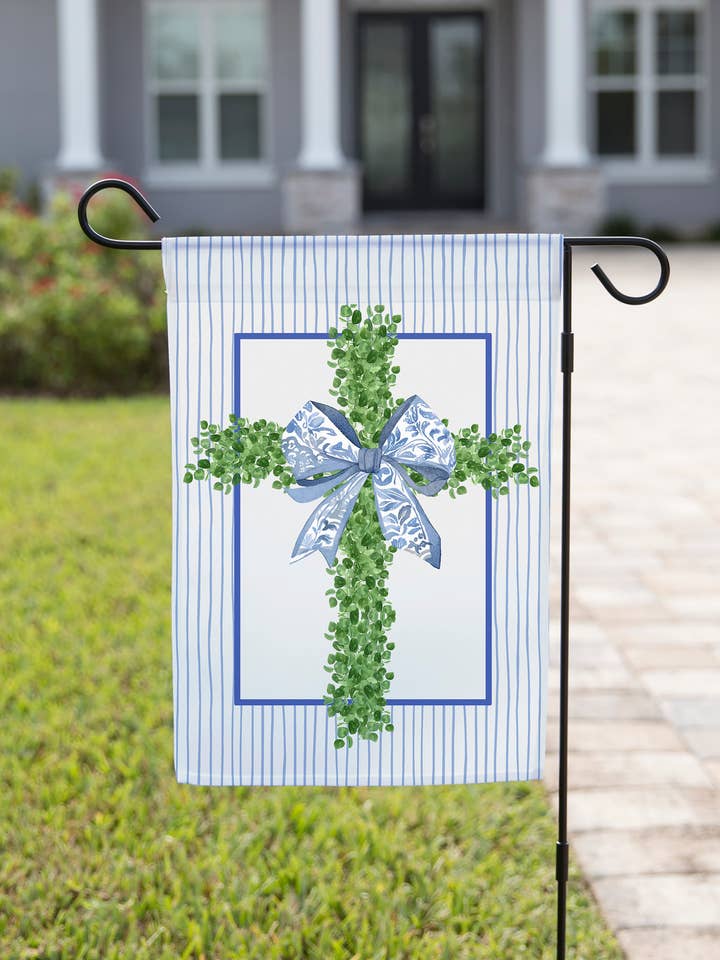 Easter Garden Flag - Shrub Cross with Blue Bow for wholesale by The Navy Knot