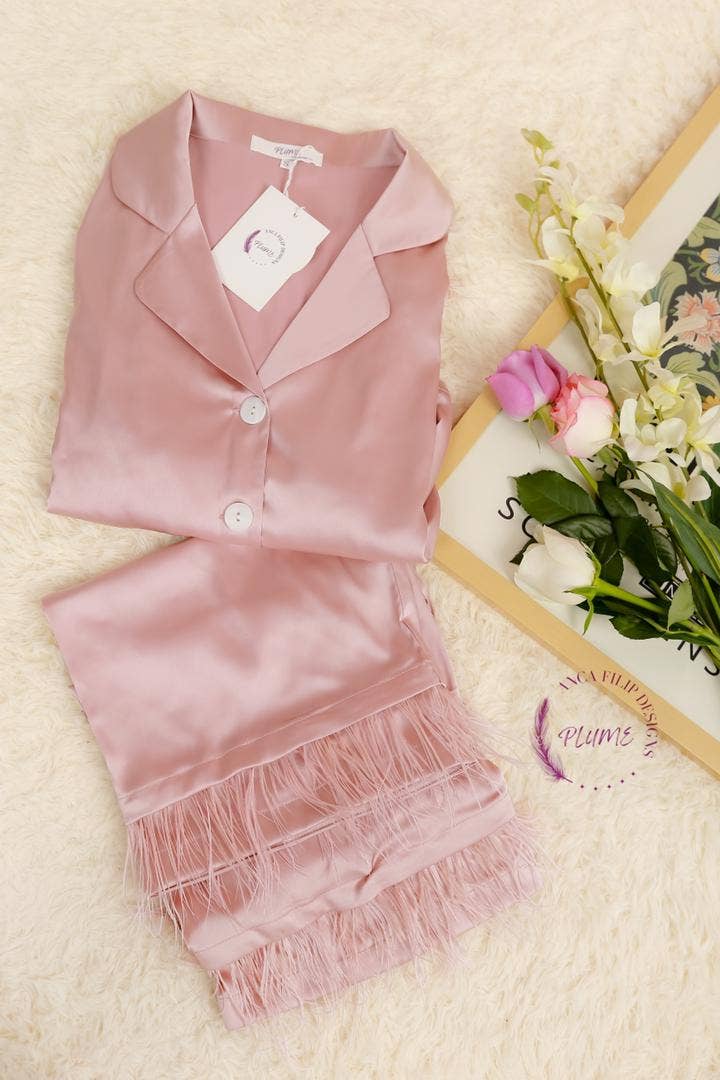 Plume AF Design - Vente Haut et bas de pyjama – femme - Pyjama extensible en satin avec garniture en plumes d'autruche amovible2