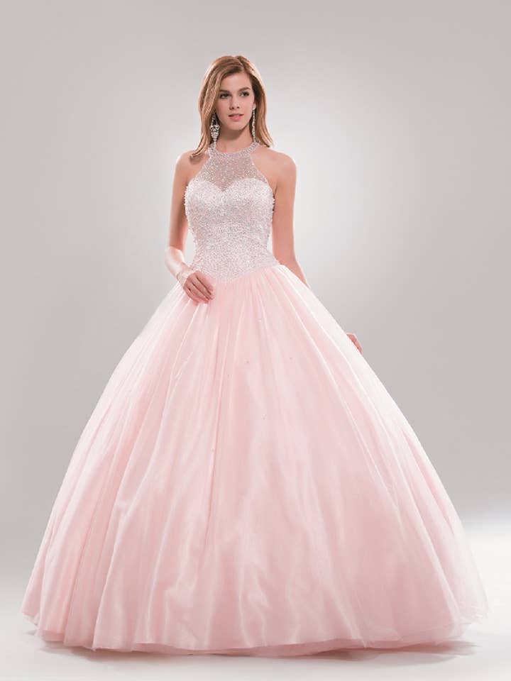 AB 8702 Halter Top Ball Gown with Pearl Beads and Crystals for wholesale by Anny Lee
