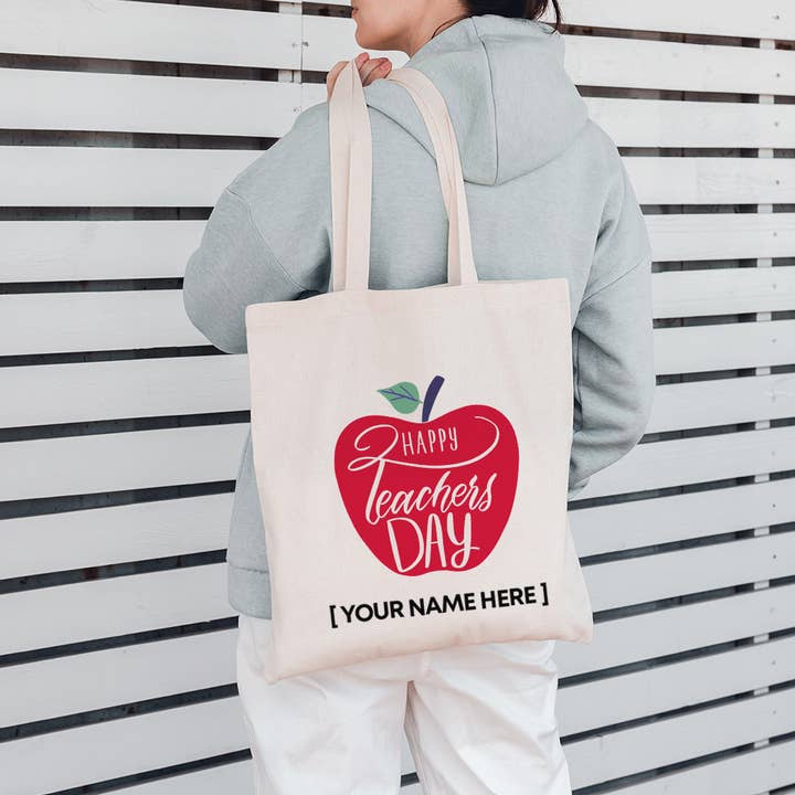 Customized Red Apple Teacher Tote Bag With Your Logo/Text for wholesale by BAGANDCANVAS