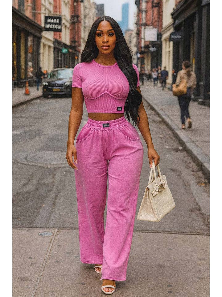 Barbie Pink MINERAL WASH CONTOUR CROPPED TOP & LOUNGE PANT SET for wholesale on Faire