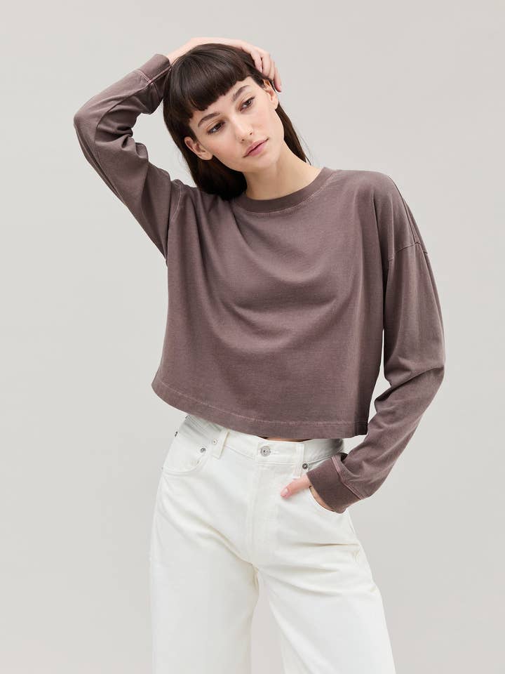 Womens Relaxed Crop Long Sleeve Tee - Pigment Dye Jersey - Mole for wholesale on Faire0