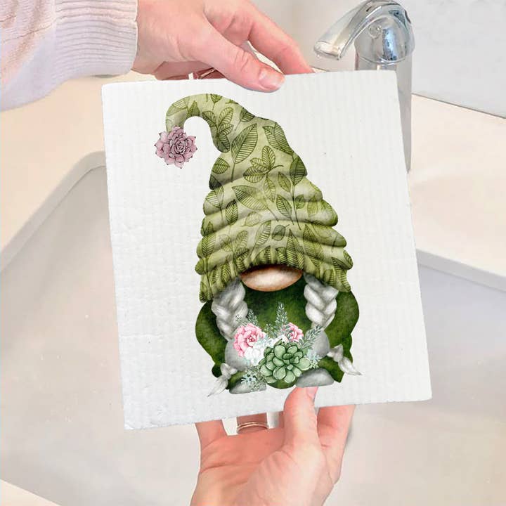 Avery Lane Gifts - Wholesale Dishcloth - Succulent Desert Green Gnome SWEDISH DISH CLOTH
