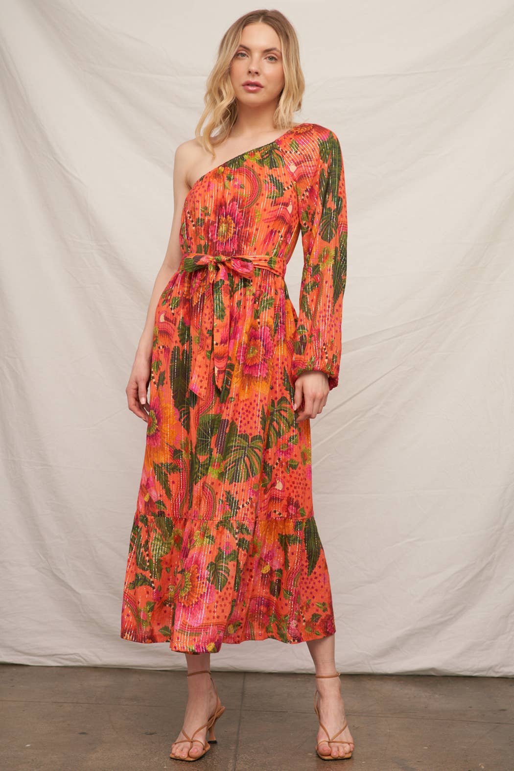 Orange Multi Robe à une épaule à imprimé tropical avec lurex en vente sur Faire