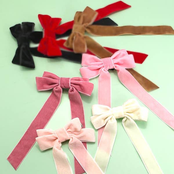 JOSSLYN by wall to wall - Wholesale Hair Clip - Women's - SOFT LONG VELVET RIBBON BOW HAIR CLIPS | 40H724