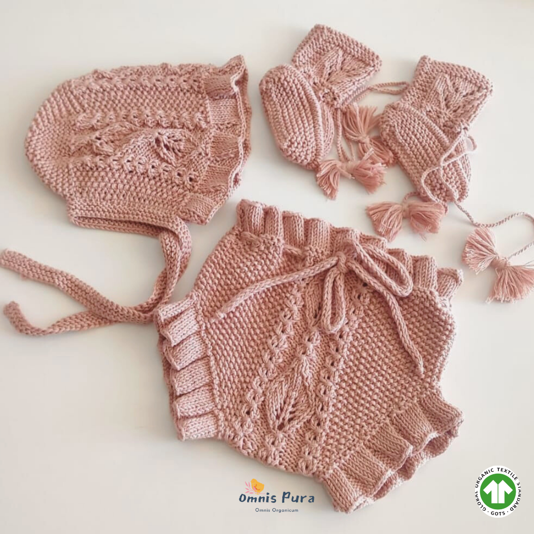 Omnis Pura – Conjunto de roupa - Bebé por atacado – Conjunto de acessórios vitorianos de malha de algodão orgânico para menina4