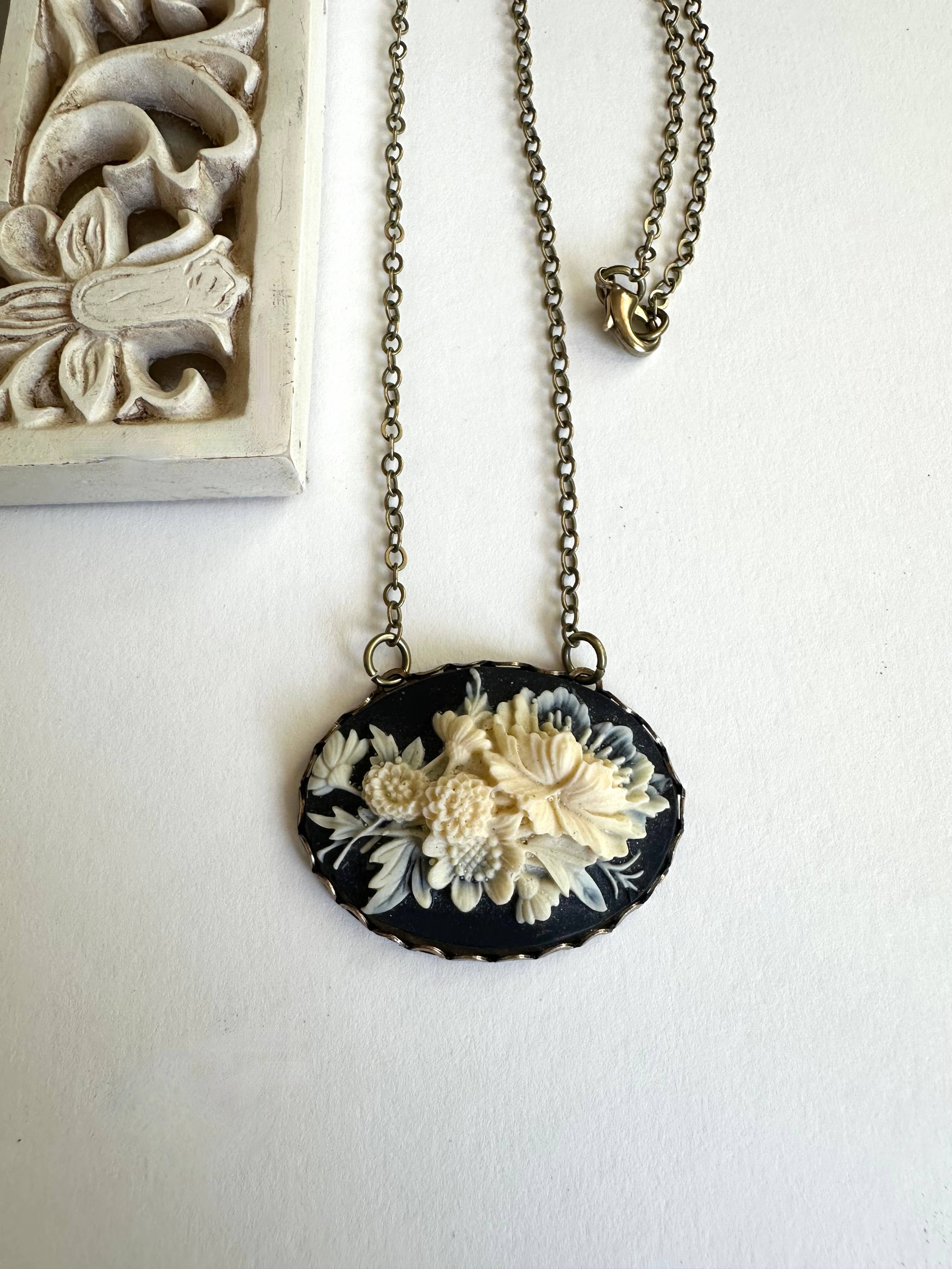 Botanical Bird - Wholesale Pendant/Charm Necklace - Black flower cameo necklace, large cameo pendant, chain 18"3