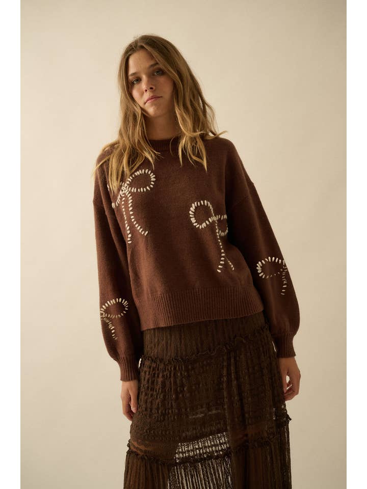 Promesa USA - Wholesale Knit Sweater - Women's - Solid Bow-Embroidered Bubble-Sleeve Sweater18