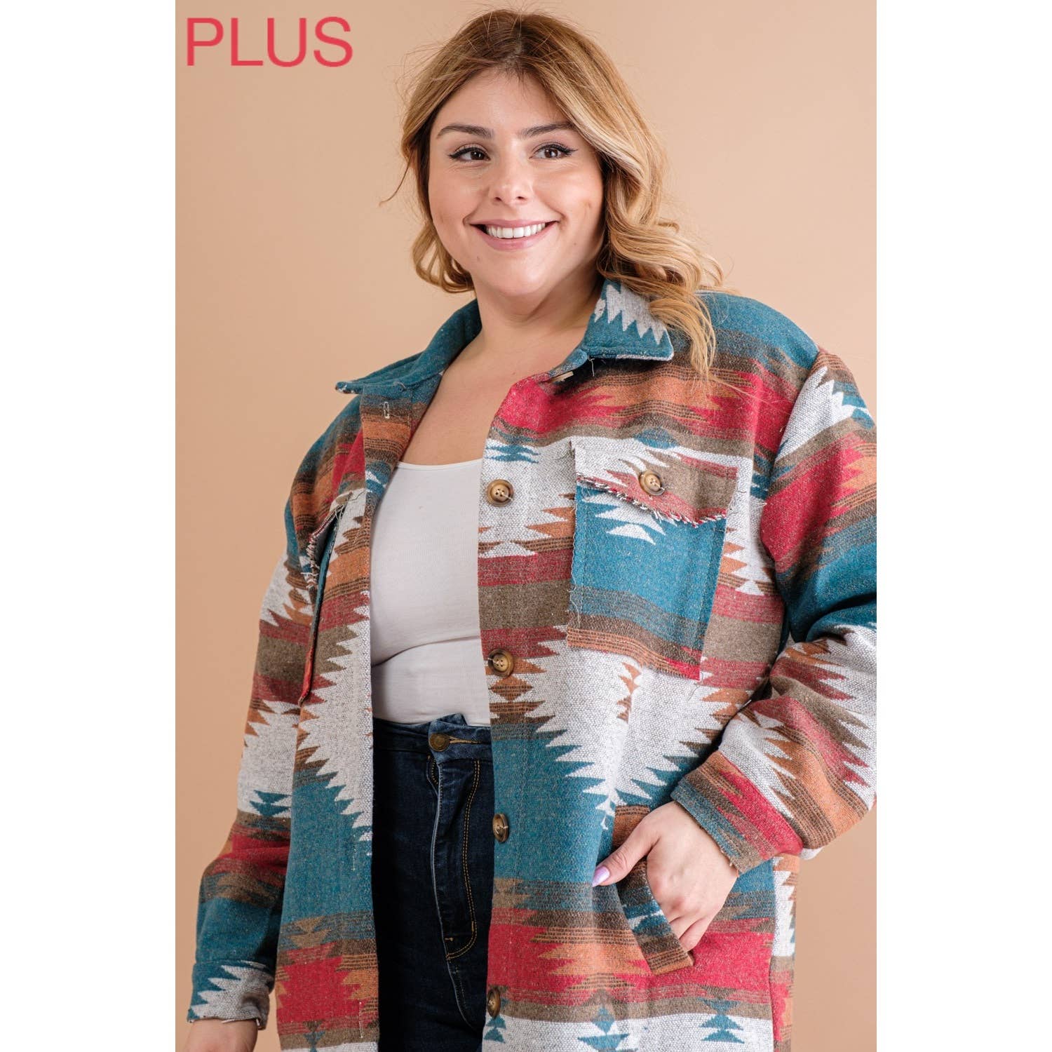 Sweet Generis - Wholesale Shirt Jacket/Shacket - Women's - PLUS LONG TRIBAL AZTEC BUTTON DOWN SHIRT JACKET SHACKET11