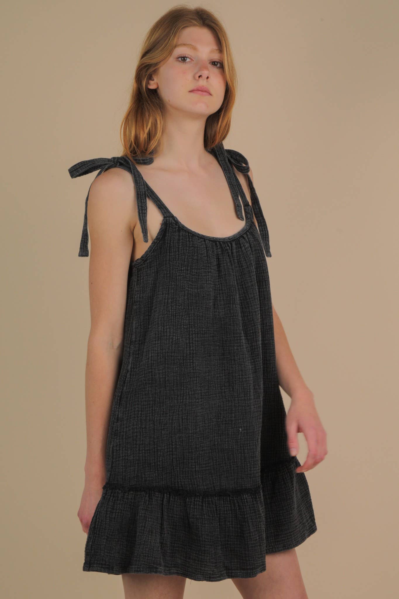 VERY J - Wholesale Dress - Women's - ND31743-Mineral Washed Shoulder Tie Mini Dress8