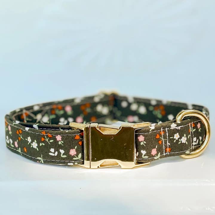 Handmade dog collar moss green and rust floral daisy for wholesale by doggish