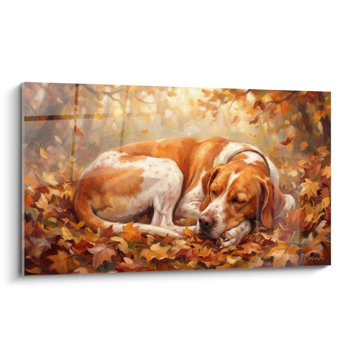 Sleeping Dog in Autumn Leaves Painting - Golden Rest - English Pointer Edition for wholesale by Walensky