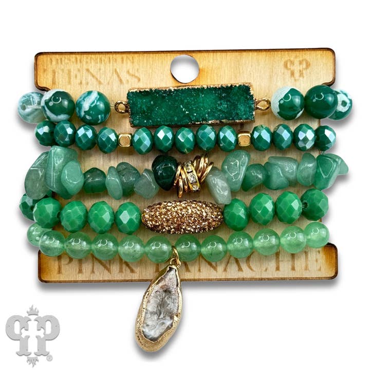 Mixed stone and crystal bead bracelet with druzy charm for wholesale by Pink Panache Brands