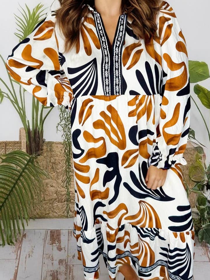 Plus Size Abstract Print Contrast Collar V Neck Dress (S-4X) for wholesale by 66DISCO