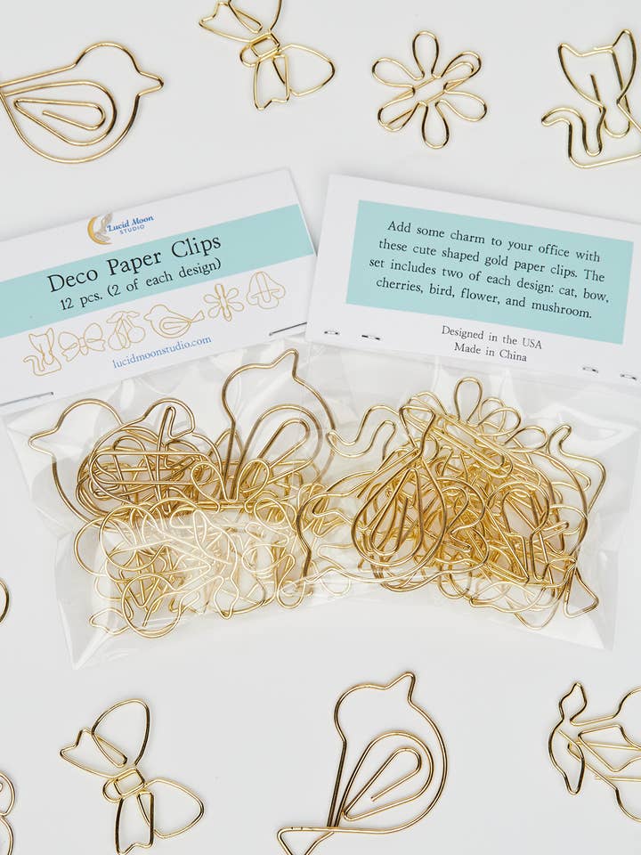 Papirclips i guldformet sortimentspakke for engroshandel hos Lucid Moon Studio, LLC