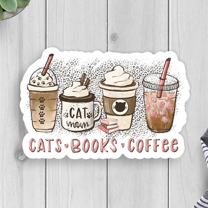 Cats Books Coffee Vinyl Sticker for wholesale by Expression Design Co