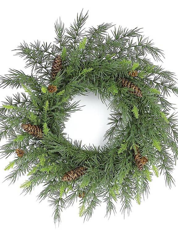 Mixed Cypress Wreath w/Cones, 22", Green for wholesale by Select Artificials, Inc.