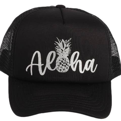 Cappellino da baseball in rete nera con stampa argentata "Aloha" ananas per la vendita all'ingrosso da parte di Bean & Vanilla