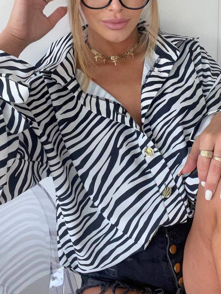 BLACK WHITE new zebra stripe print button up knot detail top for wholesale on Faire0