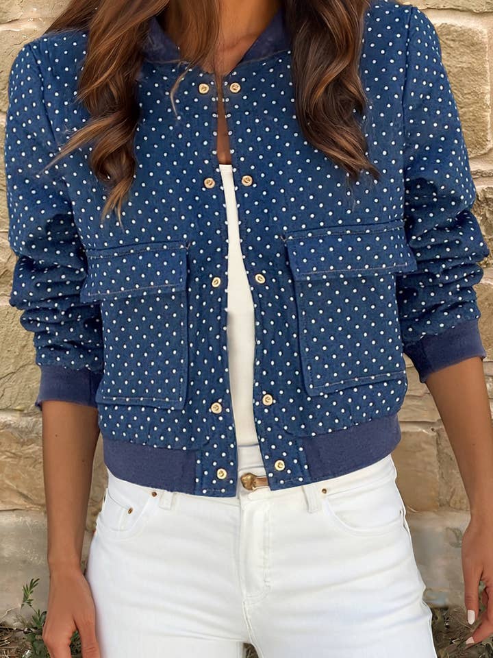 Polka Dot Print Flap Pocket Button Down Denim Bomber Jacket for wholesale by fashionworks