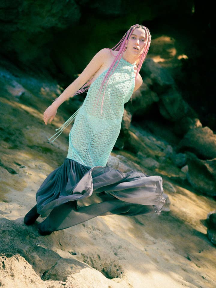 Vestido largo ajustado de crochet de algodón con espalda abierta en verde menta y negro para venta al por mayor de relax baby be cool