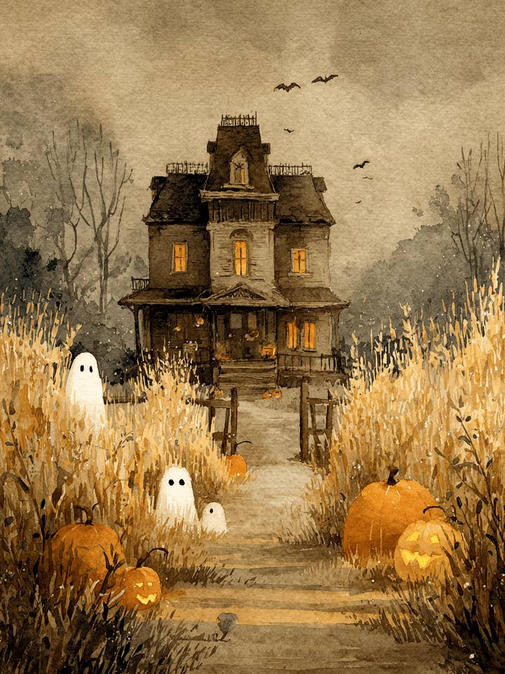 Ghosts & Haunted House Halloween Art Print - 8"x10" Artwork for wholesale by Mowbi