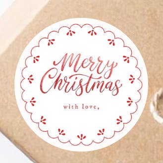 Merry Christmas Round Label Red & White for wholesale by la nouille studio