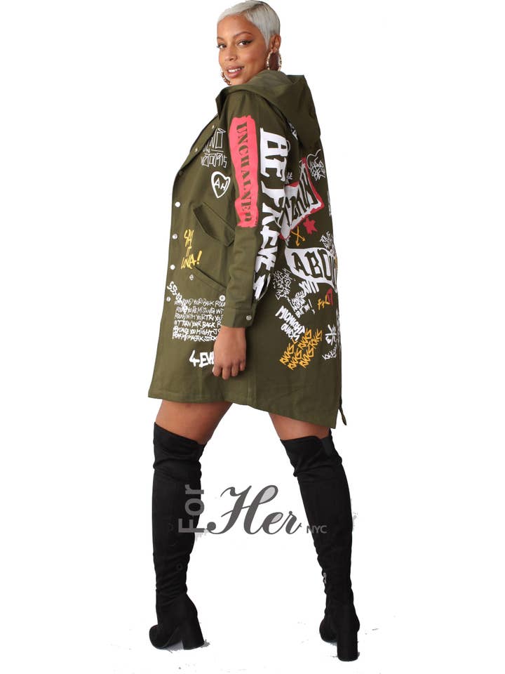 For Her NYC - Wholesale Jacket - Women's - 81782P Graphite Writing, Button Pocket Along With Hood. plus