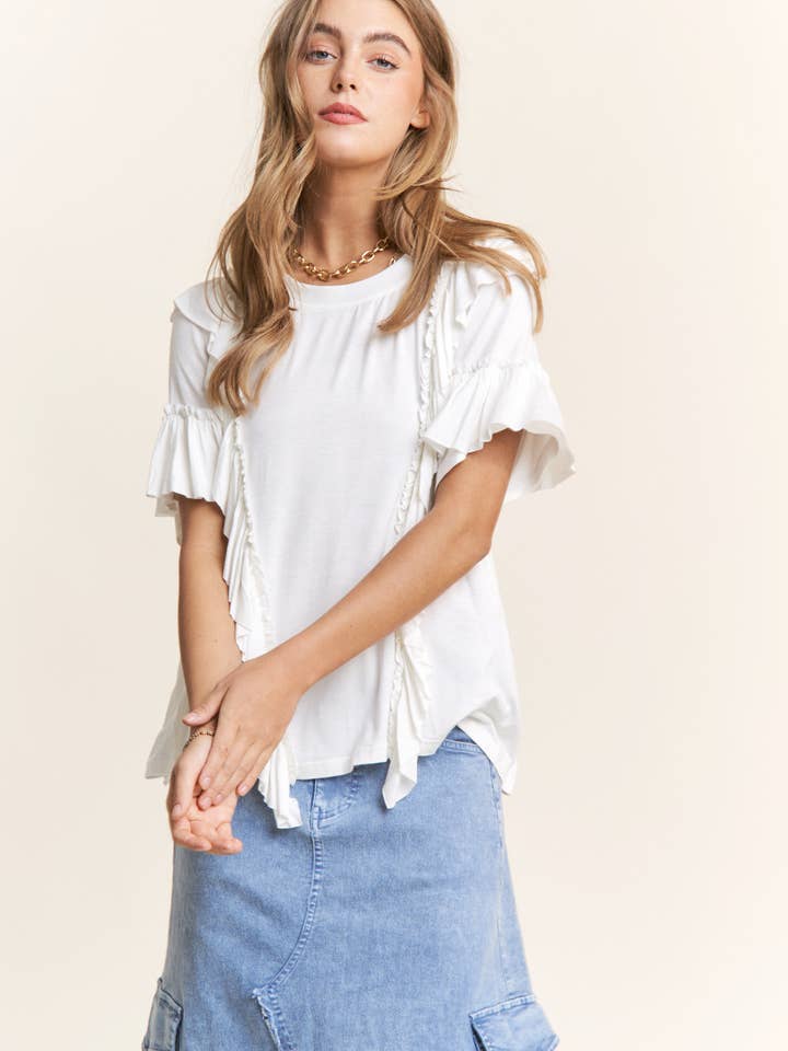 J.NNA - Wholesale Shirt - Women's - Round Neck V Ruffle Knit Top