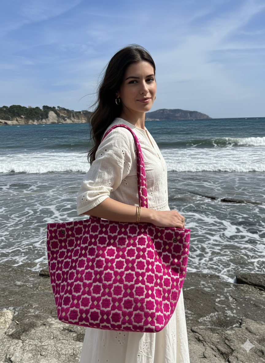 craftberber - Wholesale Tote Bag - Women's - Handmade Moroccan Brocade Tote – Pink & Gold Pattern3